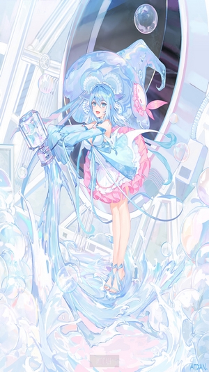 Anime girl with jellyfish hat and water