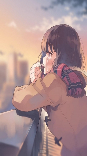 Anime Girl Crying Over Cityscape at Dusk