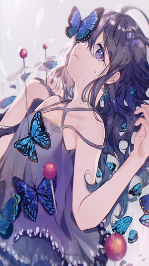 Anime Girl Surrounded by Blue Butterflies