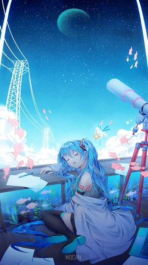 Sleeping Hatsune Miku Under Starry Sky