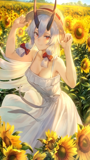 Anime girl with horns in a sunflower field