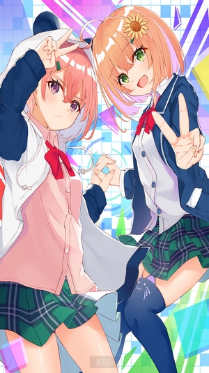 Two anime girls in school uniforms holding hands