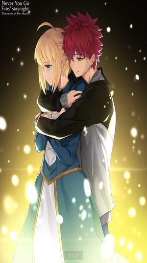 Saber and Shirou Emiya from Fate/Stay Night hugging