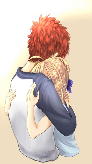 Shirou Emiya and Saber hugging from Fate/Stay Night
