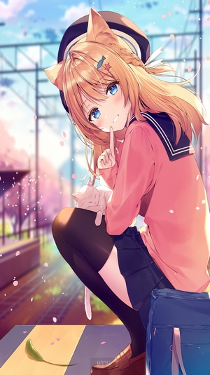 Anime Girl with Cat Ears in Serene Sunset