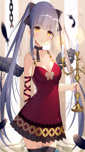 Anime girl with purple hair holding a candelabra