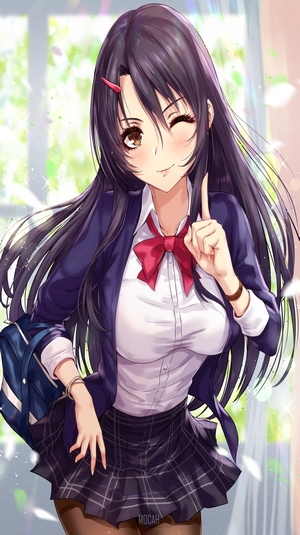 Anime girl in school uniform winking