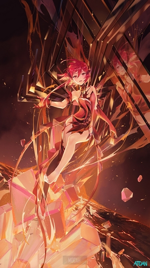 Anime girl with red hair and orange dress