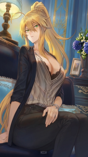 Anime girl with blonde hair wearing a suit