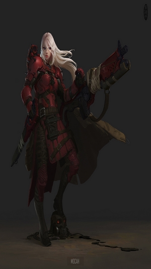 Anime girl in red armor with a large gun
