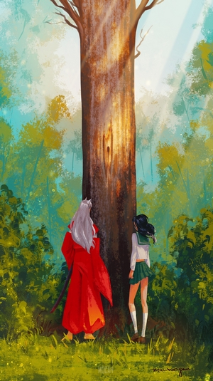 Inuyasha and Kagome by a large tree