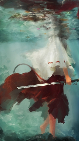 Kikyo from Inuyasha underwater with a katana