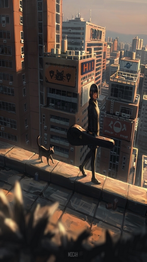 Anime girl with guitar and cat on rooftop at sunset