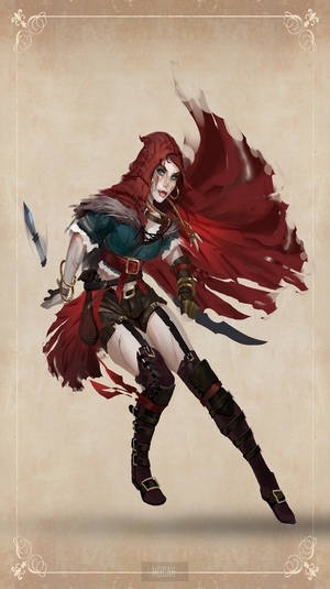 Original character, a woman with a red hood and knives