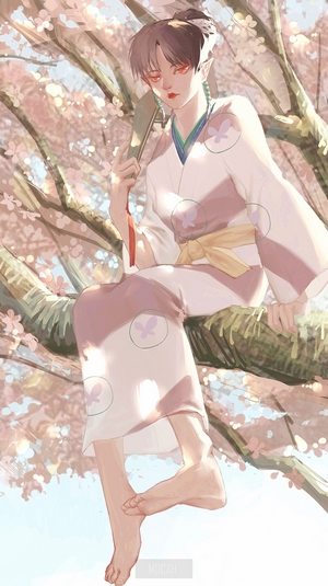 Kagura from Inuyasha sitting on a tree branch with cherry blossoms