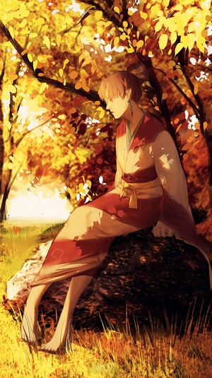 Kagura from Inuyasha sitting under a tree in autumn