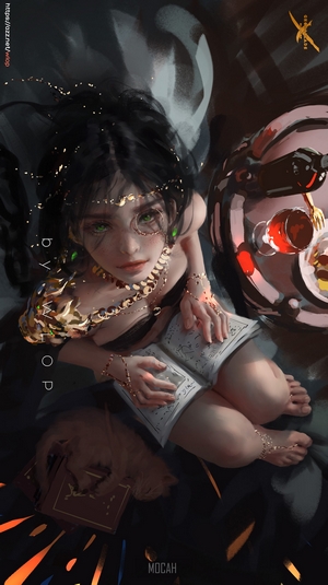 Anime girl with green eyes reading a book