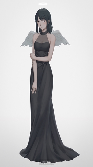 Reki from Haibane Renmei in a black dress with wings