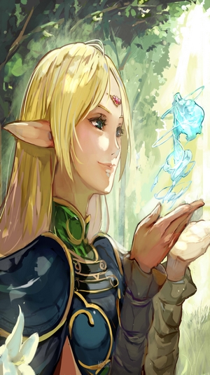 Deedlit from Record of Lodoss War with fairies in a forest