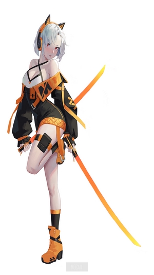 Anime Girl with Cat Ear Headphones and Orange Sword