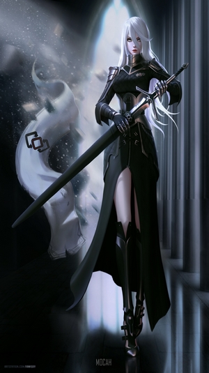 Anime girl with white hair and sword in military uniform