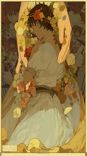 Casca from Berserk surrounded by flowers