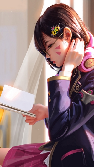 D.Va from Overwatch reading a book