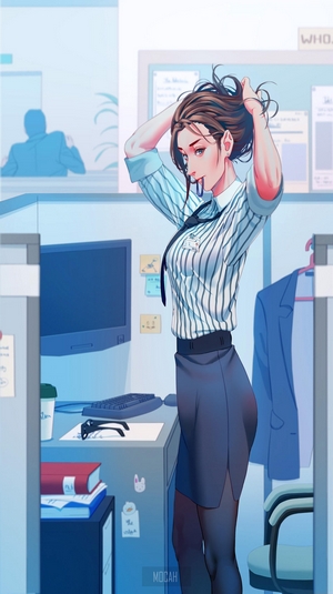 Anime office girl tying her hair
