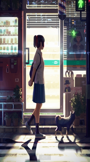 Anime girl in school uniform with dog outside convenience store