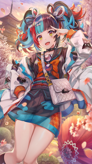 Vibrant Anime Girl with Colorful Hair in Blossom Garden