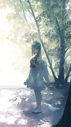 Anime girl with wings holding a book in a forest