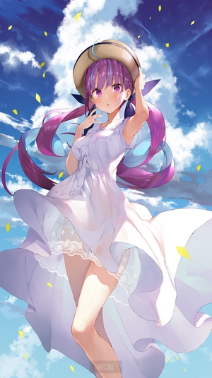 Minato Aqua in White Dress Under Blue Sky