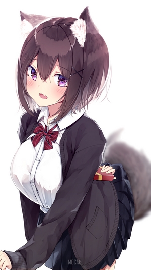 Anime girl with cat ears and tail holding a gift