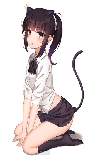 Anime Girl with Neko Ears and Tail in Miniskirt
