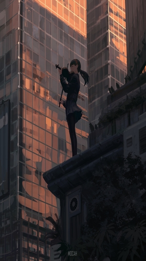Anime girl in school uniform playing violin on a rooftop