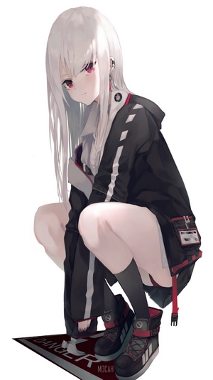 Anime girl with white hair and red eyes crouching