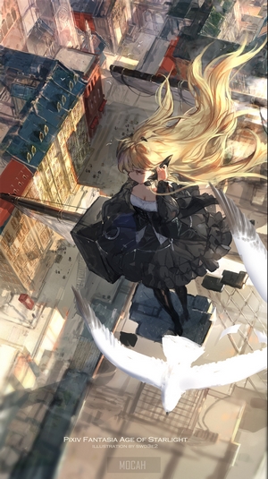 Girl with blonde hair and black dress flying with birds over city