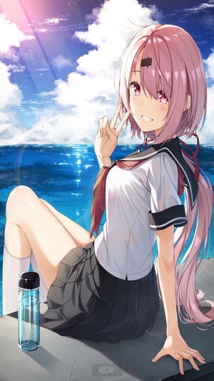 Anime girl with pink hair at the beach