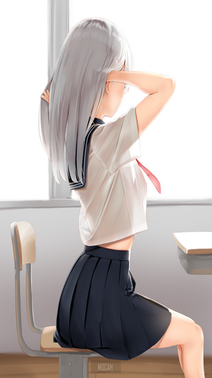 Anime girl in school uniform adjusting her hair