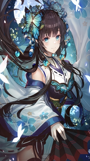 Anime girl with blue butterflies and flowers