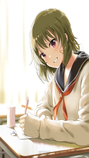 Anime girl in school uniform studying at a desk