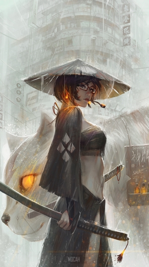 Anime girl with katana and umbrella in rain