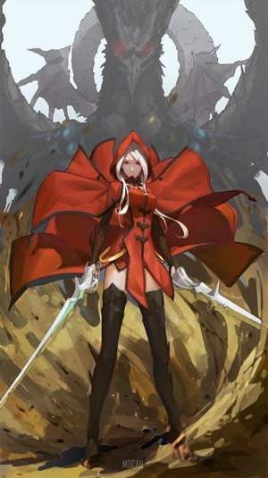 Anime girl with red cape and swords in front of dragon