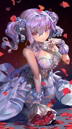 Anime girl in a white dress holding roses