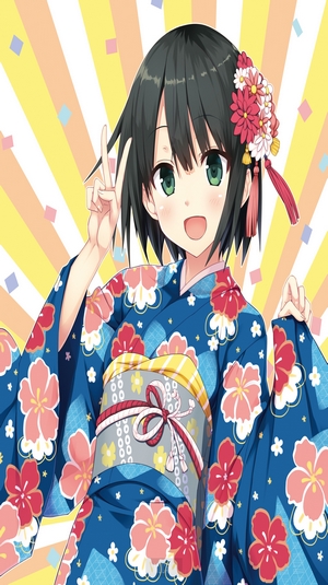 Anime girl in a blue floral yukata with hair accessory