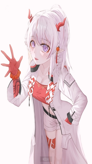 Anime girl with white hair and red horns