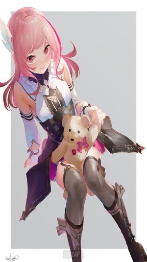 Anime girl with pink hair holding a teddy bear