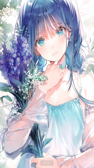 Anime girl with blue hair holding flowers