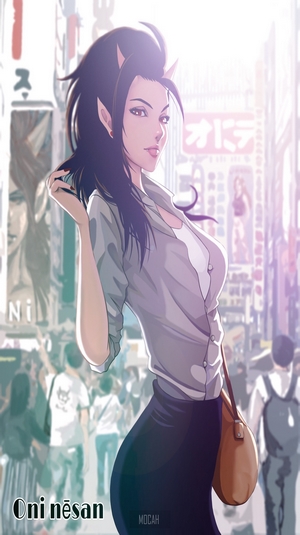Demon girl in office attire in a busy city street