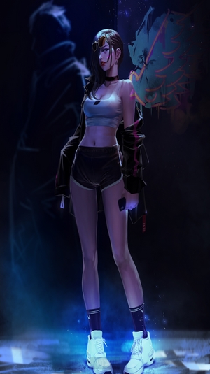 Anime girl with choker and shorts standing